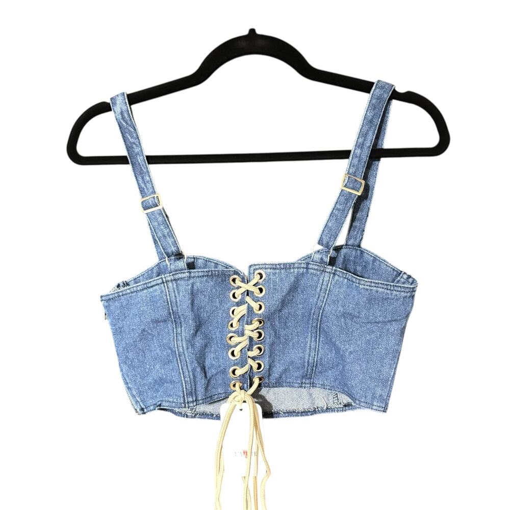 NWT L’Artiste Denim Bralette Criss Cross Tie Back Women’s Medium - Picture 3 of 5